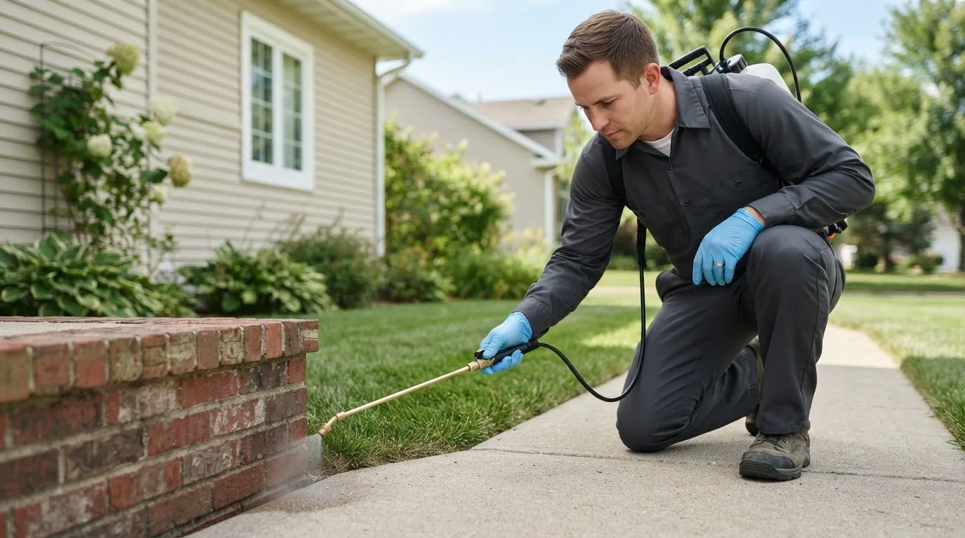 Pest control technician treating a home near Cambridge City, IN