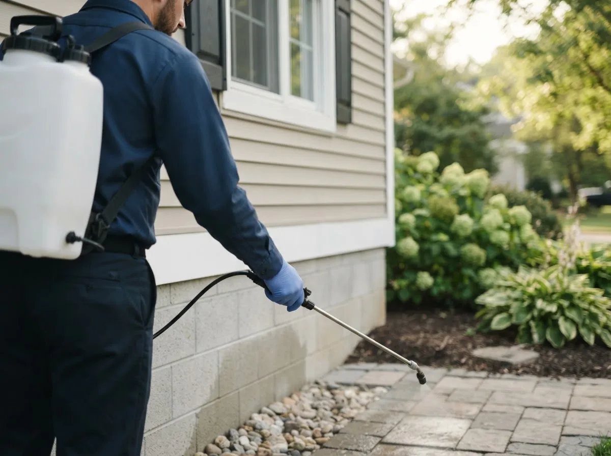 Pest control technician inspecting a home in Cambridge City, IN